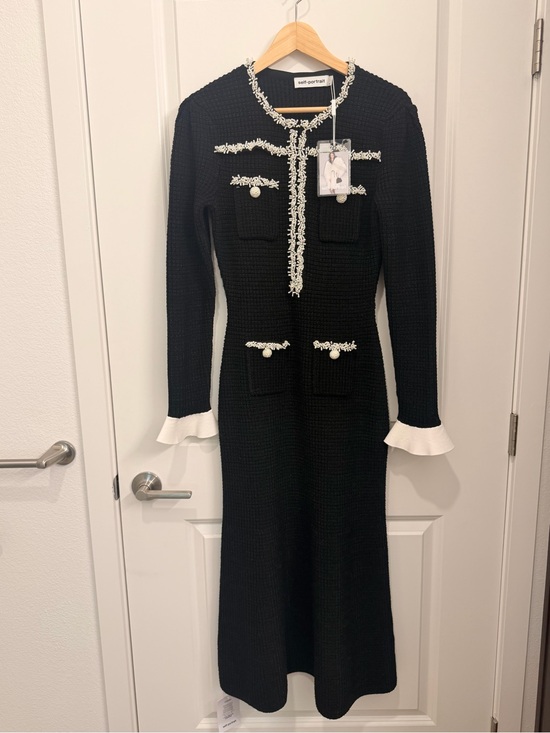 Self-Portrait Dresses & Skirts - Self-Portrait Black Knit Long-Sleeve Midi Dress with White Trim
